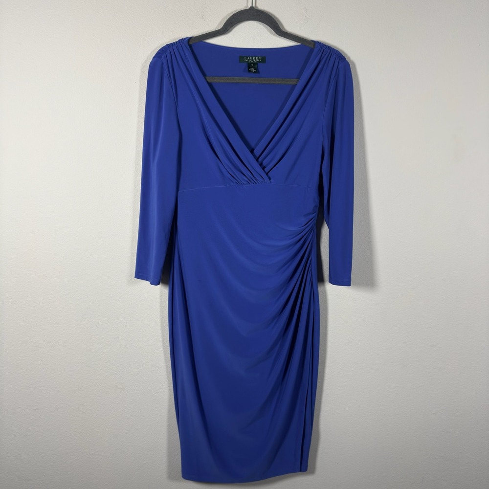 Lauren Ralph Lauren Blue Ruched Surplice V-Neck Sheath Dress Size 10 Long Sleeve